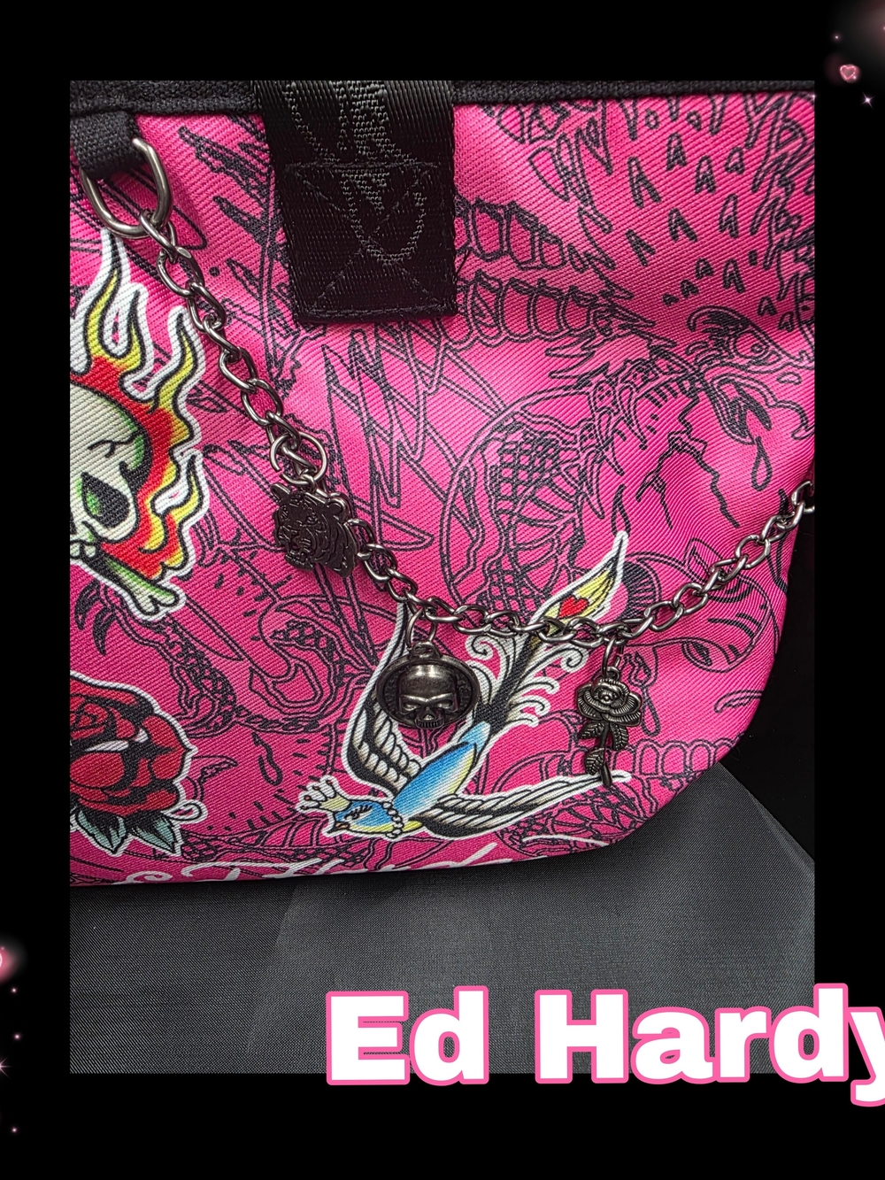 Ed Hardy Pink Tattoo Print Chain Charm Women’s Tote